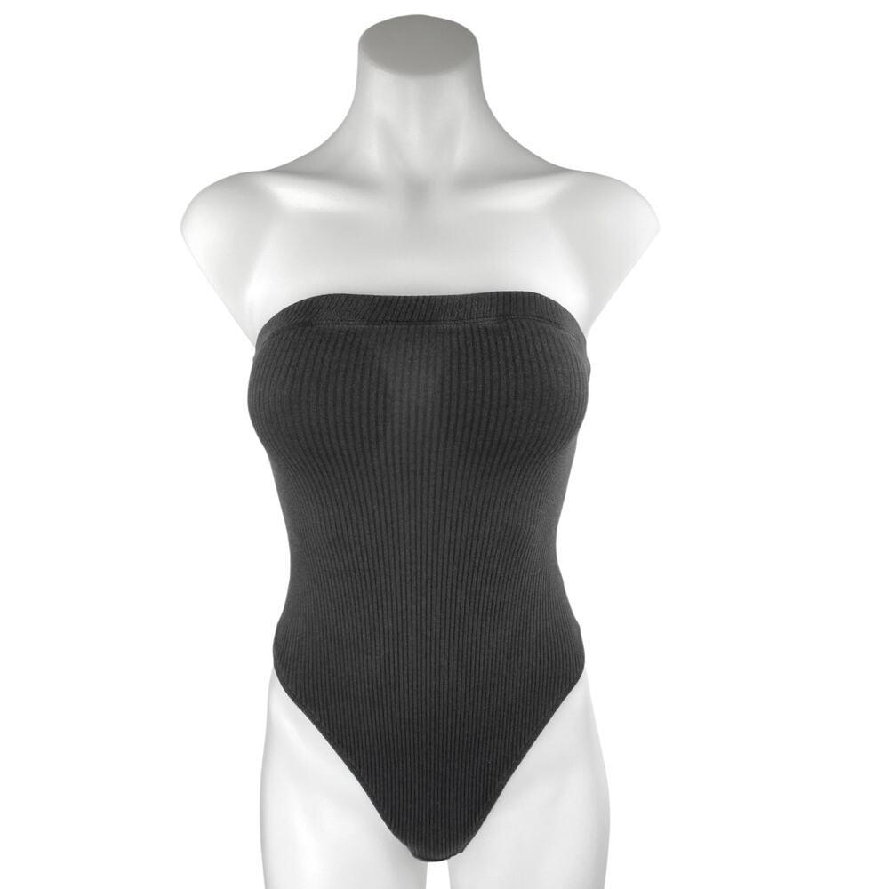 Urban Outfitters Black Ribbed Strapless Tube Bandeau Thong Bodysuit Top Size S